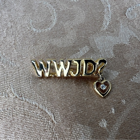 VINTAGE 90s WWJD GOLD BROOCH HEART RHINESTONE ACCENT GIFT RELIGIOUS - Picture 9 of 9